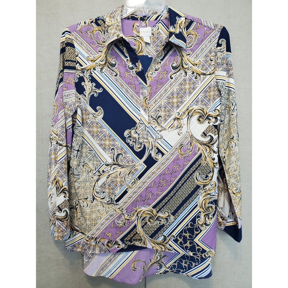 Chico's Navy, Lavender & Gold Baroque Print Button-Up Blouse/ Altered